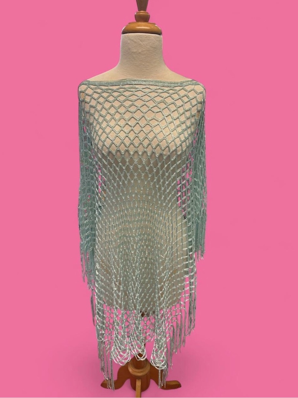 Mint Metallic Fishnet Fringe Poncho Cover Up